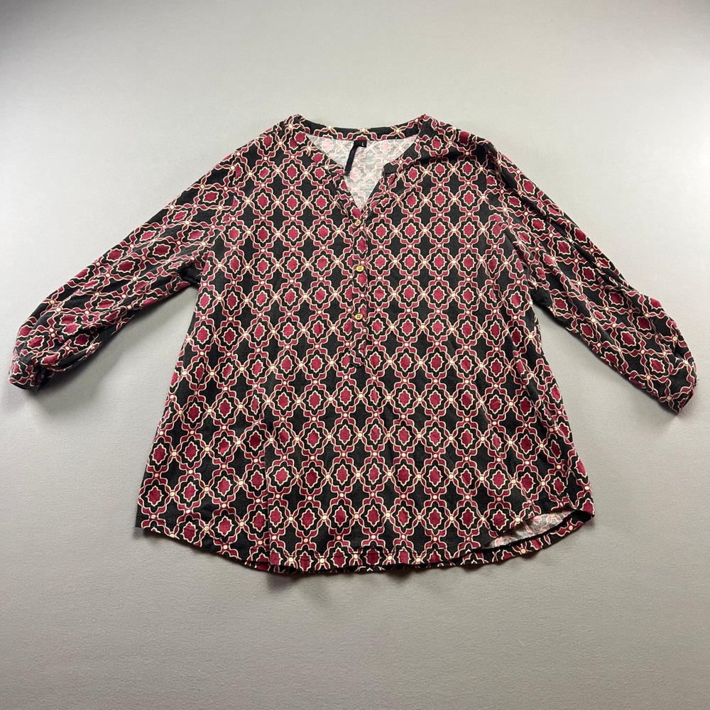 Cathy Blouse Top Womens Large Multi Geometric Print Cotton Split Neck Minimalist
